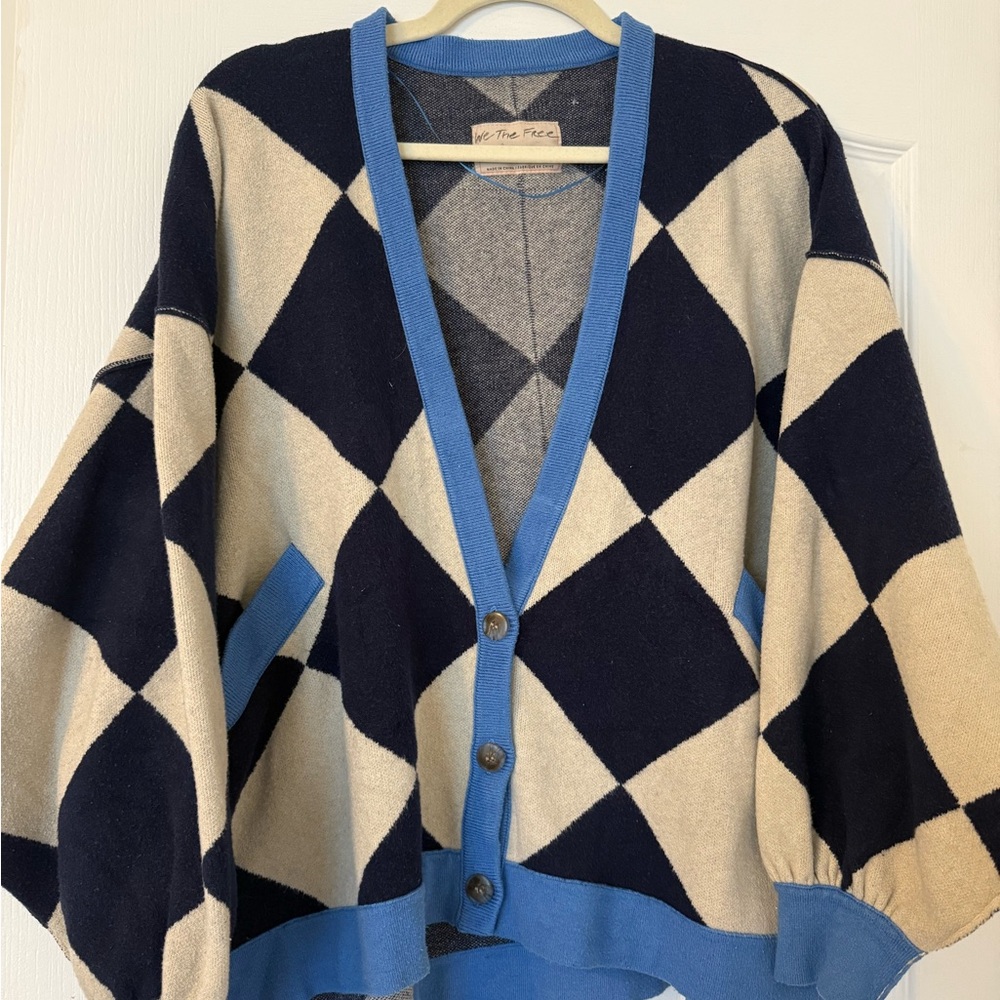Free People Blue and Cream Geometric Cardigan Sweater